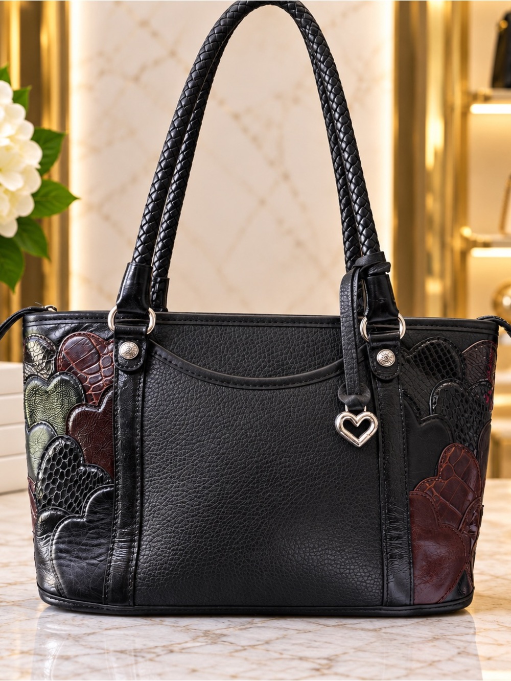 Brighton Black Shoulder Bag with Multicolor Heart Panels